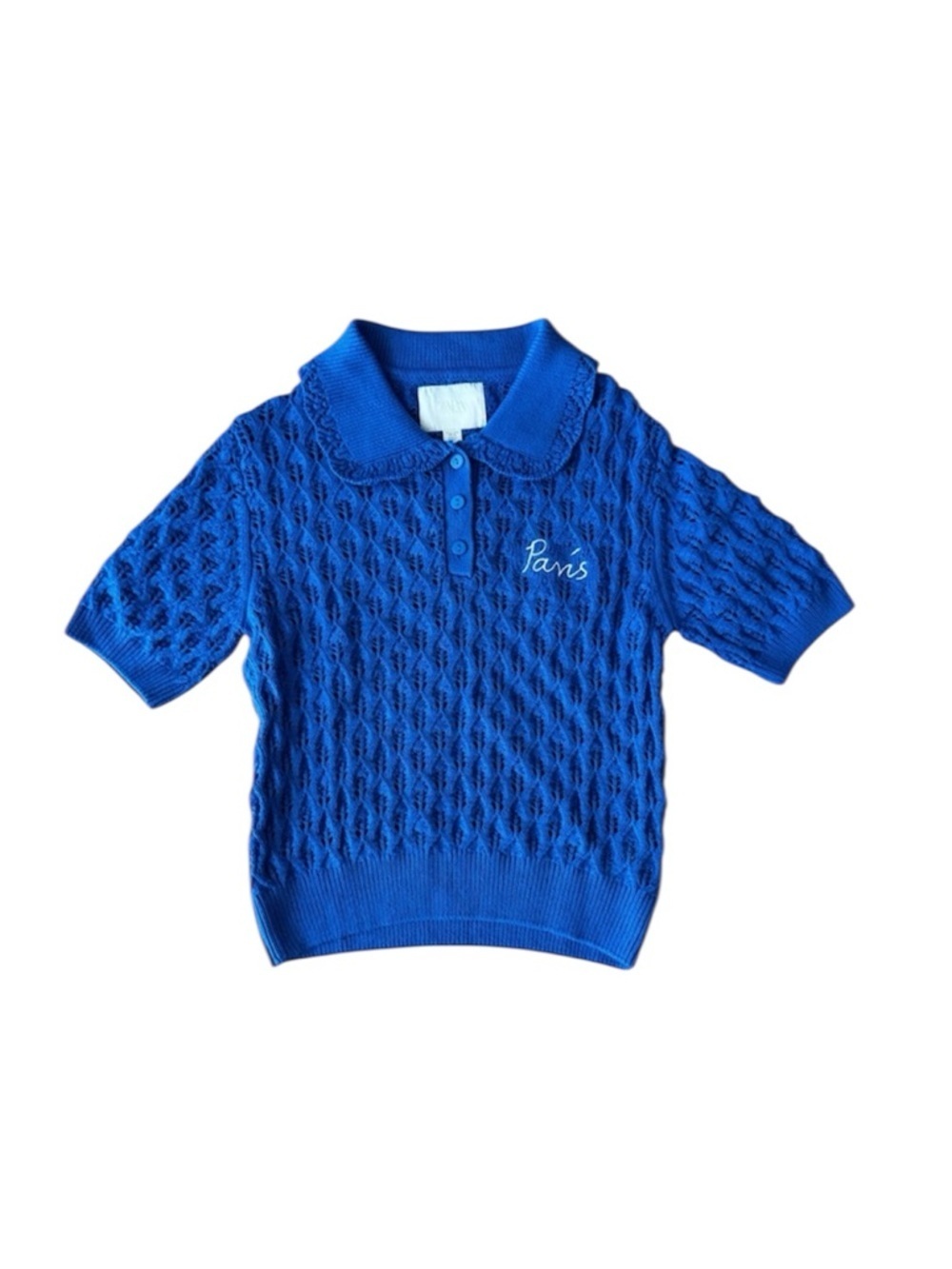 Zara Kids 13-14 Years Blue Knit Crochet Polo Paris Collared Short Sleeve Top